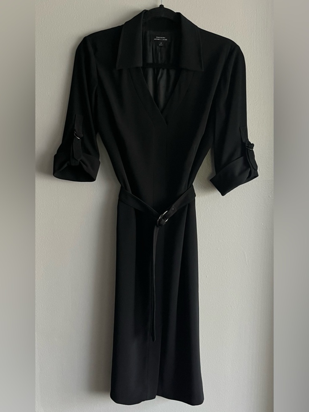 Tahari Classic Black Collared Midi Dress with Waist Belt